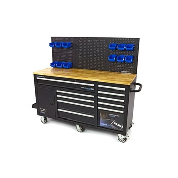 Banc de lucru, HBM, dulap scule, panou, blat lemn masiv, negru Banc de lucru, HBM, dulap scule, panou, blat lemn masiv, negru