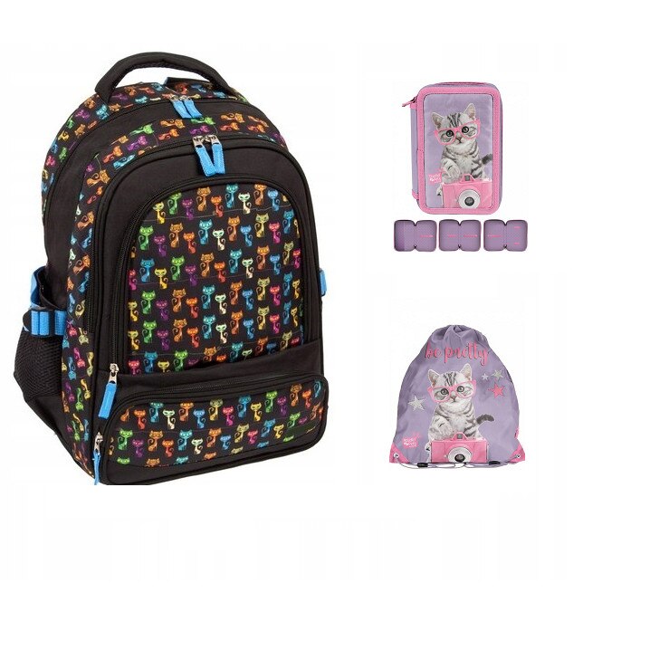 Set rucsac scoala, pisica, penar, sac pentru pantofi, multicolor