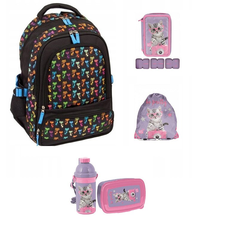 Set rucsac scoala, pisica, penar, sac pentru pantofi, cutie pentru pranz, sticla de apa, multicolor