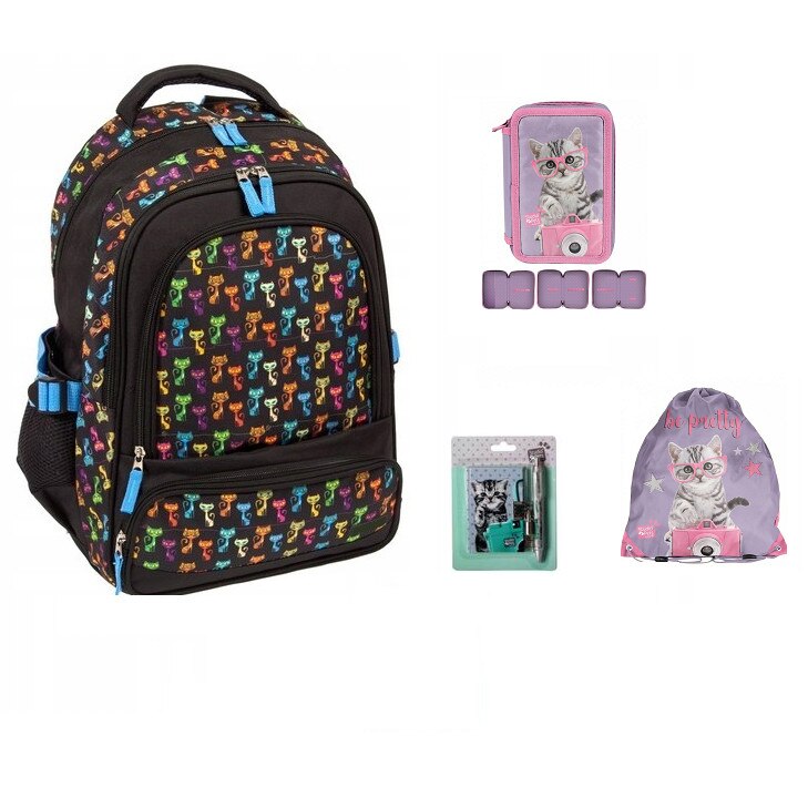 Set rucsac scoala. pisica, penar, sac pentru pantofi, caiet de notite de pix, multicolor