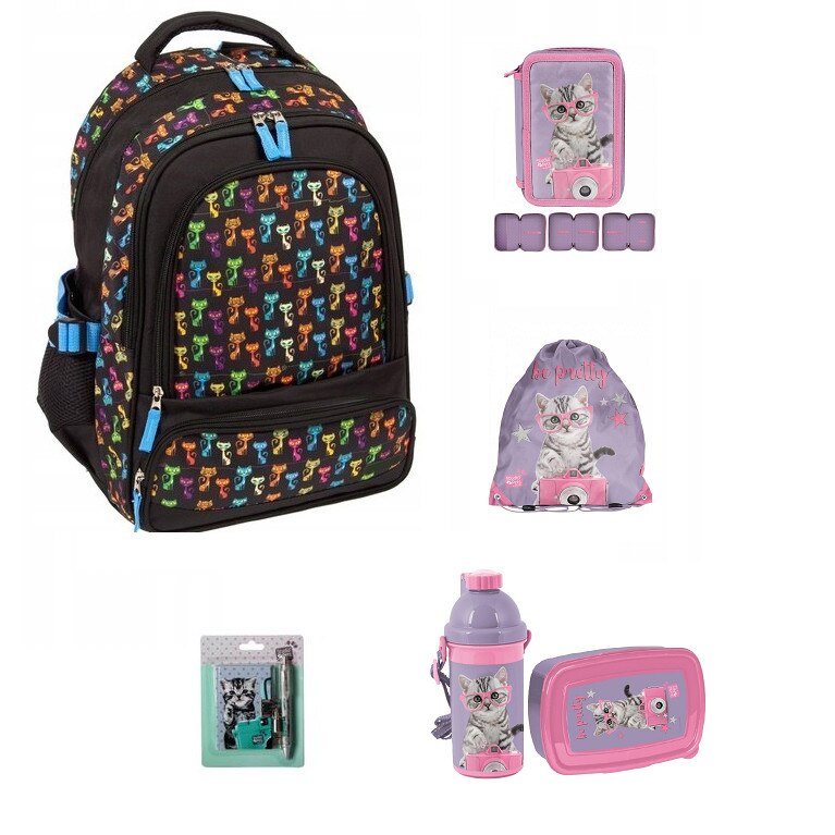 Set rucsac scoala, pisica, penar, sac pentru pantofi, cutie pentru pranz, sticla de apa, caiet de notite si pix, multicolor