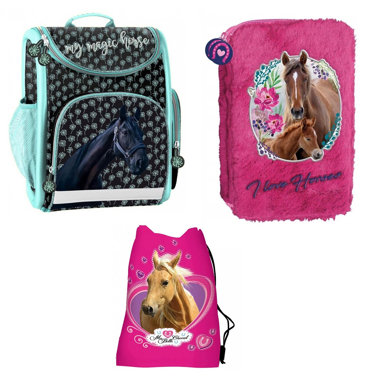 Set ghiozdane scoala, Cal, penar, sac pentru pantofi, multicolor ,