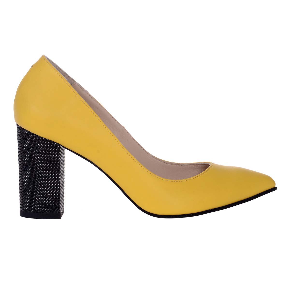 Pantofi Stiletto cu Toc Jos din Piele Naturala, Galben