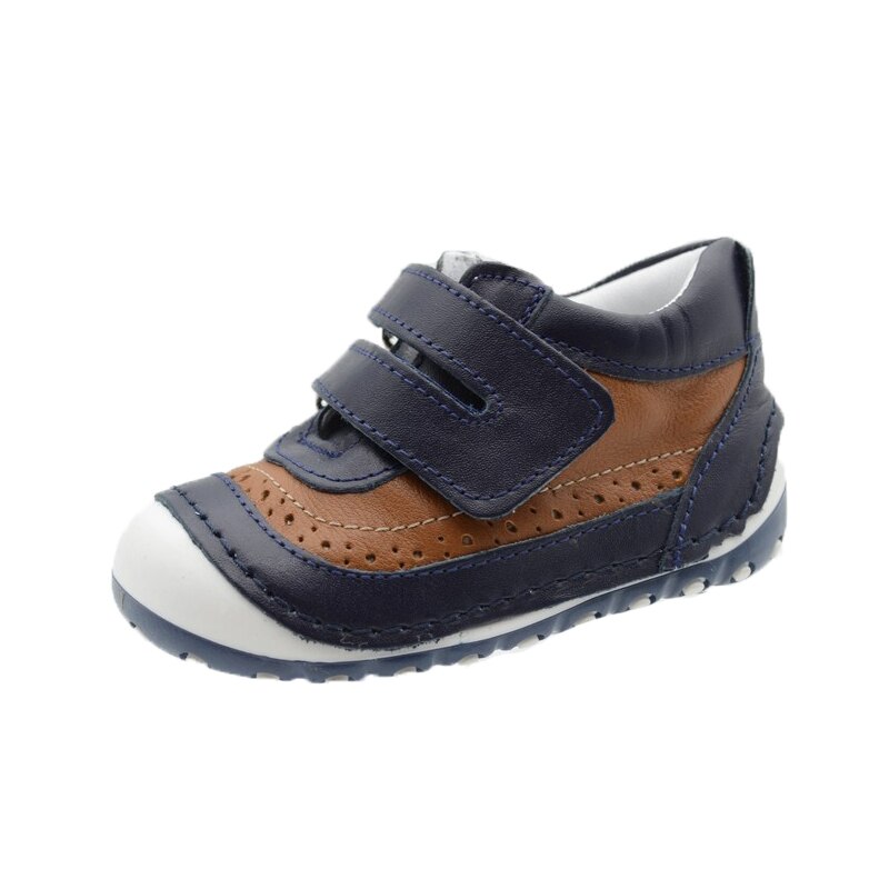 Pantofi ortopedici din piele, pentru baieti, Small Foot, inchidere velcro, Bleumarin/Maro