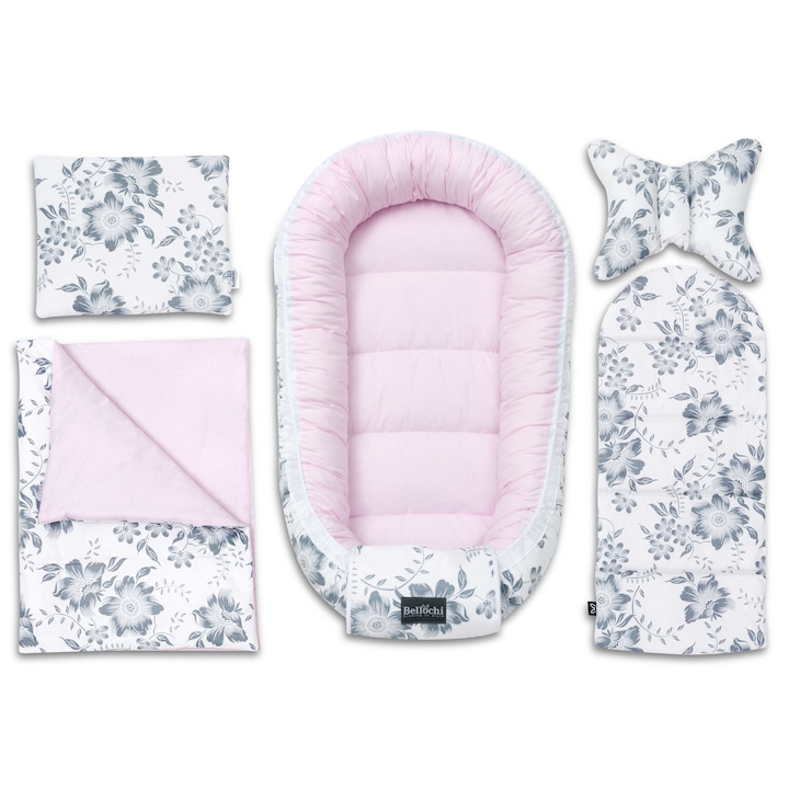 Bellochi 5 darabos baba készlet (babakosár, ágynemű, matrac és babapárna), rózsaszín / fehér