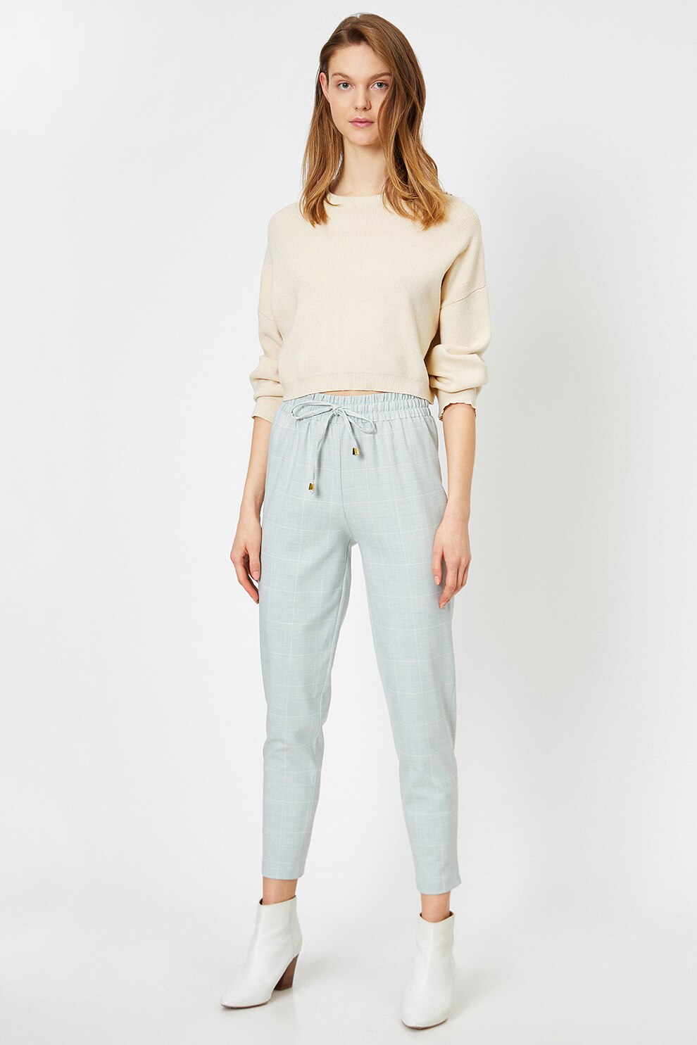 KOTON, Pantaloni in carouri cu snur de ajustare, Albastru pastel, XL