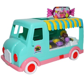 Masina cu baterii Food truck albastra , cu prajituri , Robentoys Masina cu baterii Food truck albastra , cu prajituri , Robentoys