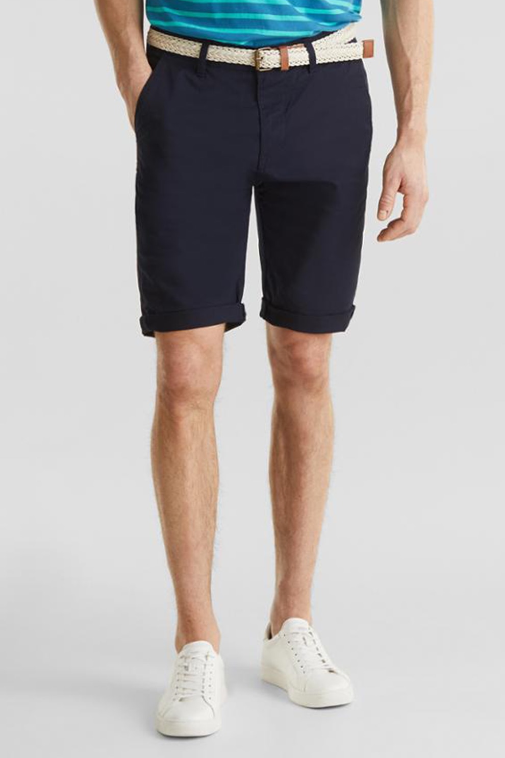 Esprit, Pantaloni scurti chino slim fit cu o curea detasabila, Bleumarin inchis