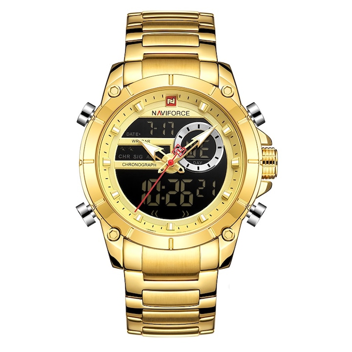 Мъжки часовник NaviForce Iridal, Неръждаема стомана, Хронограф, Двойно време, Златист