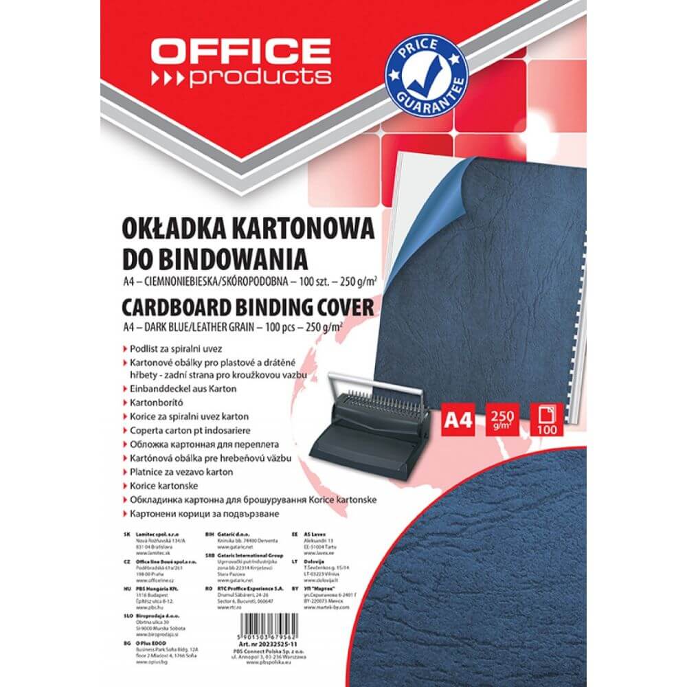 Set 100 Coperti Indosariere A4 Carton Imitatie Piele OFFICE Products, Culoare Albastra