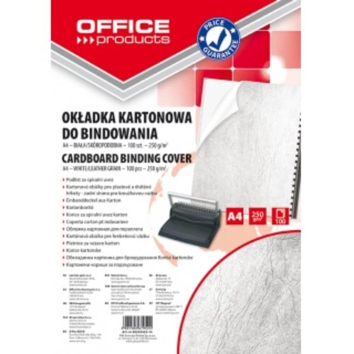 Set 100 Coperti Indosariere A4 Carton Imitatie Piele OFFICE Products, Culoare Alba, Invelitoare pentru Indosariat