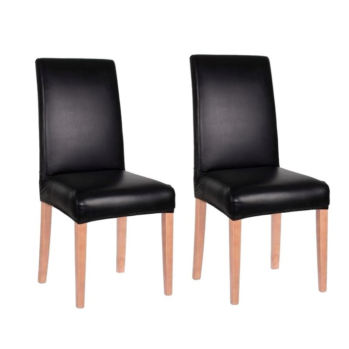 2 db étkező/konyhaszék huzatból álló készlet, műbőr és spandex, fekete színű