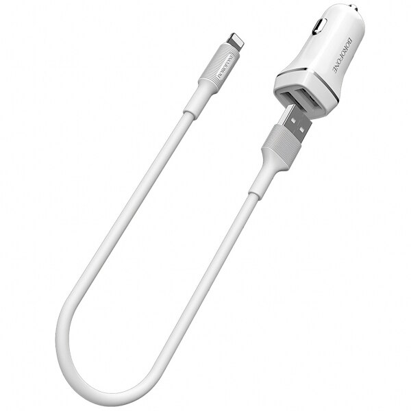 Incarcator auto Borofone BZ2 cu 2 porturi USB si cablu Lightning, White