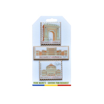 Set 3 magneti de frigider, Magnetella, Bucuresti, metal, verzui Set 3 magneti de frigider, Magnetella, Bucuresti, metal, verzui