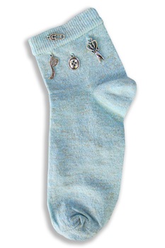 Trakian step - Handmade - Дамски син къс конч с ламе, с пришити метални шивашки метър, копче, ножица и безопасна игла, Тракийска стъпка, 1 чф. - 36-39