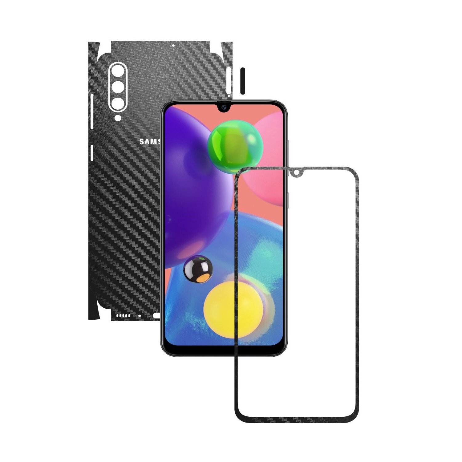 Folie Protectie Carbon Skinz pentru Samsung Galaxy A70s - Carbon Negru 360 Cut, Skin Adeziv Full Body Cover pentru Rama Ecran, Carcasa Spate si Laterale