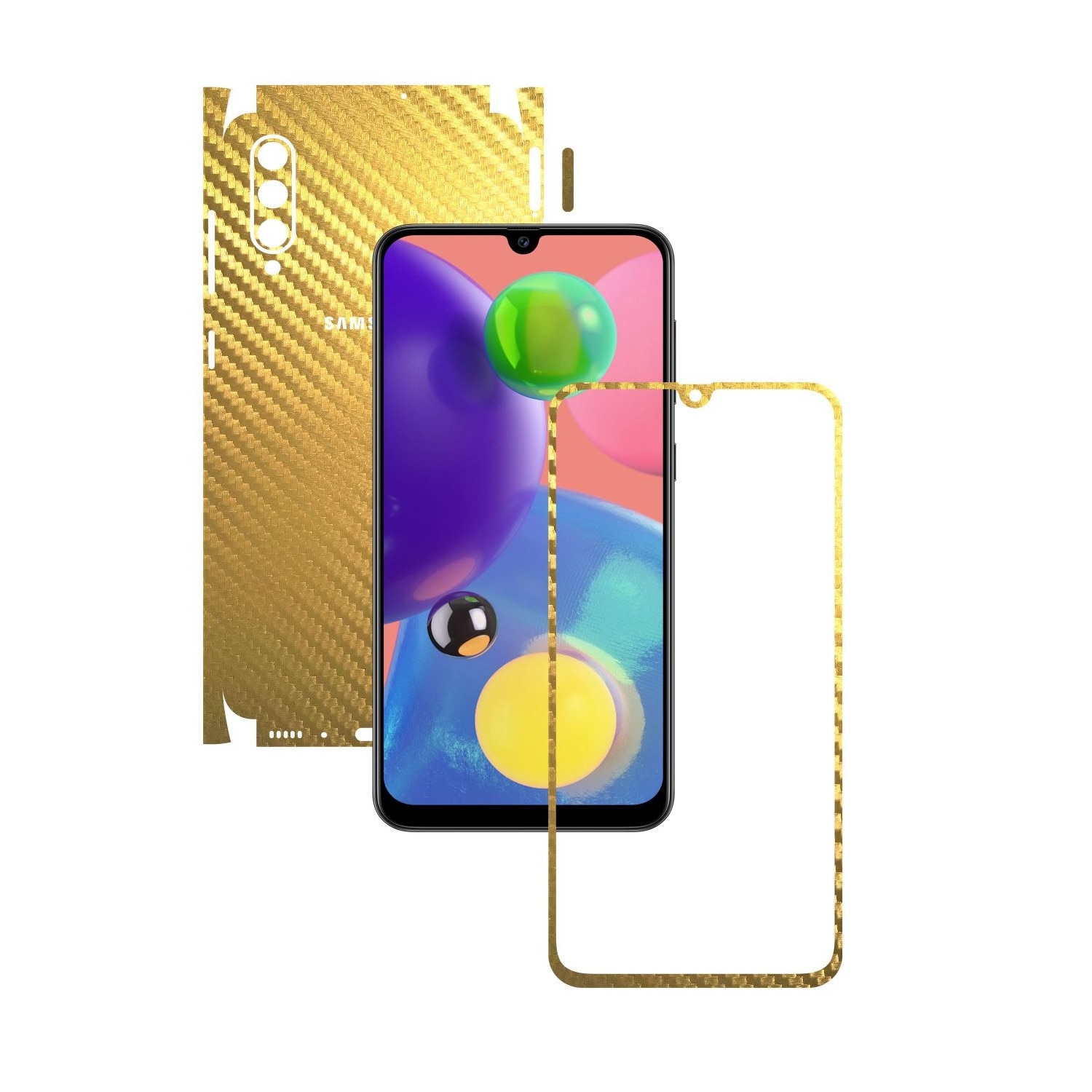 Folie Protectie Carbon Skinz pentru Samsung Galaxy A70s - Carbon Auriu 360 Cut, Skin Adeziv Full Body Cover pentru Rama Ecran, Carcasa Spate si Laterale