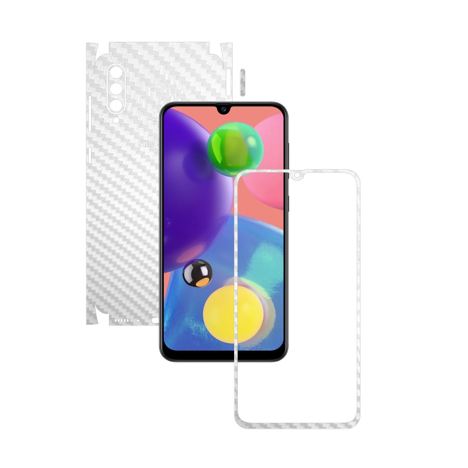 Folie Protectie Carbon Skinz pentru Samsung Galaxy A70s - Carbon Alb 360 Cut, Skin Adeziv Full Body Cover pentru Rama Ecran, Carcasa Spate si Laterale