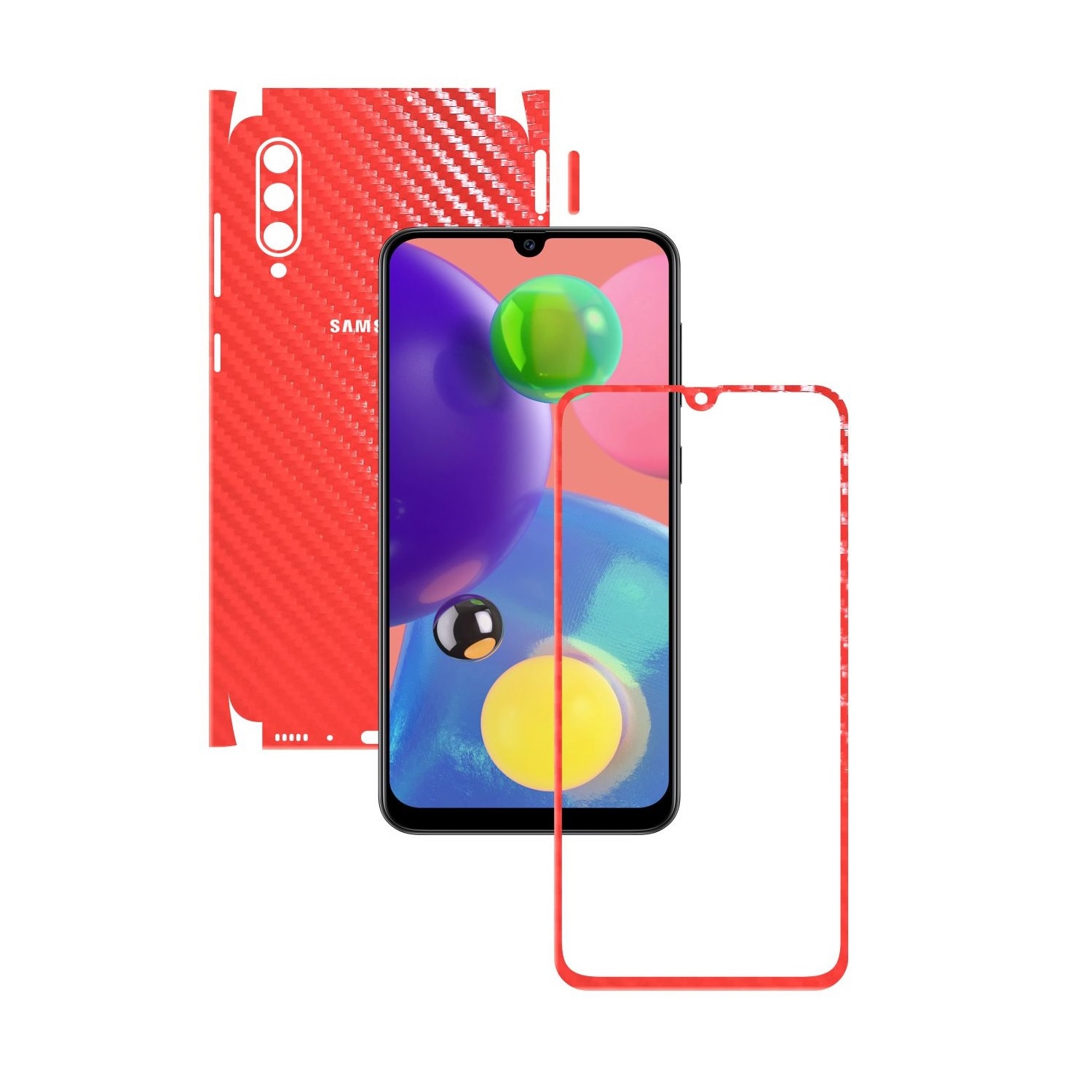 Folie Protectie Carbon Skinz pentru Samsung Galaxy A70s - Carbon Rosu 360 Cut, Skin Adeziv Full Body Cover pentru Rama Ecran, Carcasa Spate si Laterale