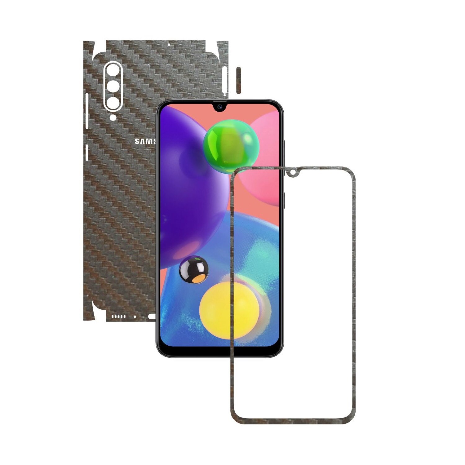 Folie Protectie Carbon Skinz pentru Samsung Galaxy A70s - Carbon Gri Argintiu 360 Cut, Skin Adeziv Full Body Cover pentru Rama Ecran, Carcasa Spate si Laterale