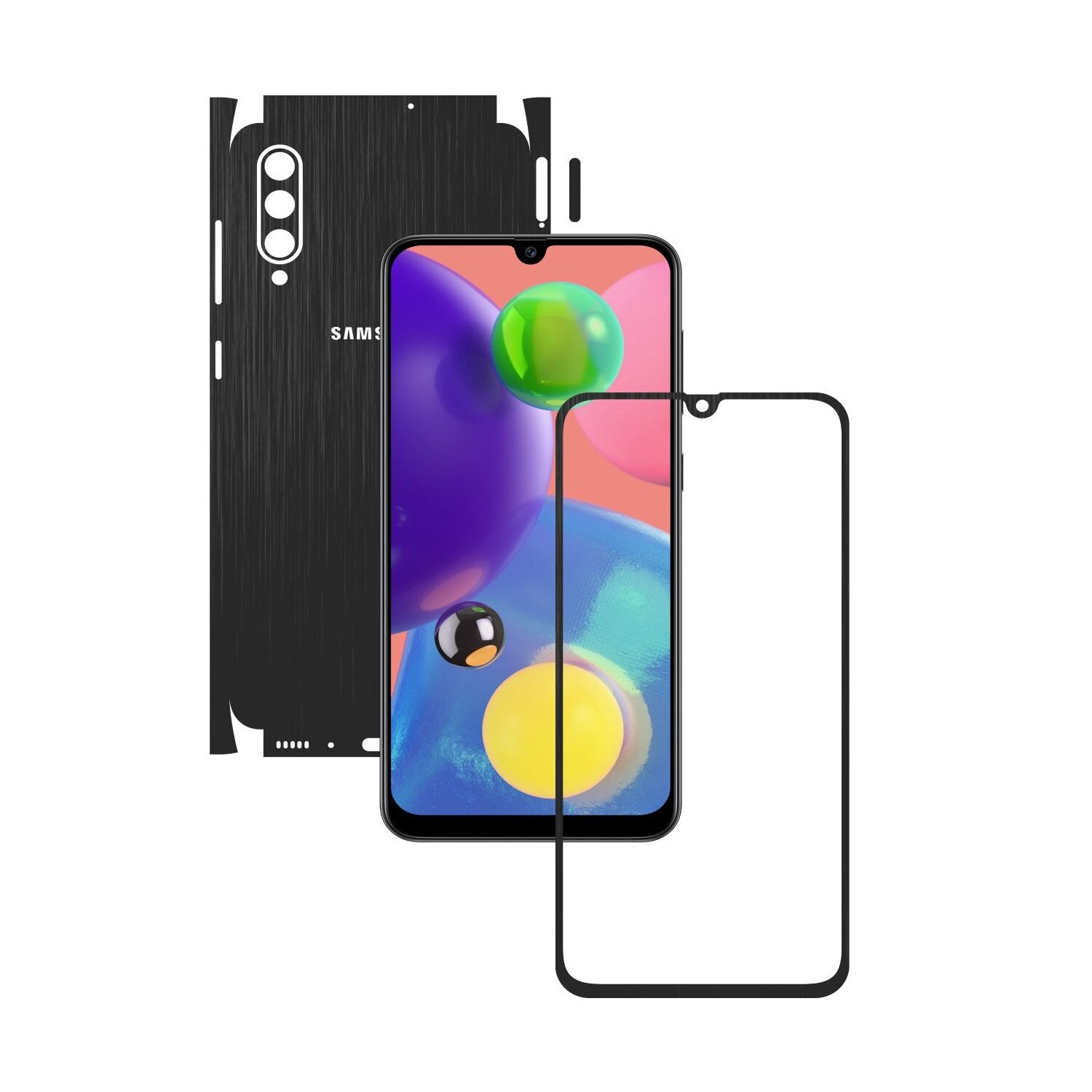 Folie Protectie Carbon Skinz pentru Samsung Galaxy A70s - Brushed Negru 360 Cut, Skin Adeziv Full Body Cover pentru Rama Ecran, Carcasa Spate si Laterale