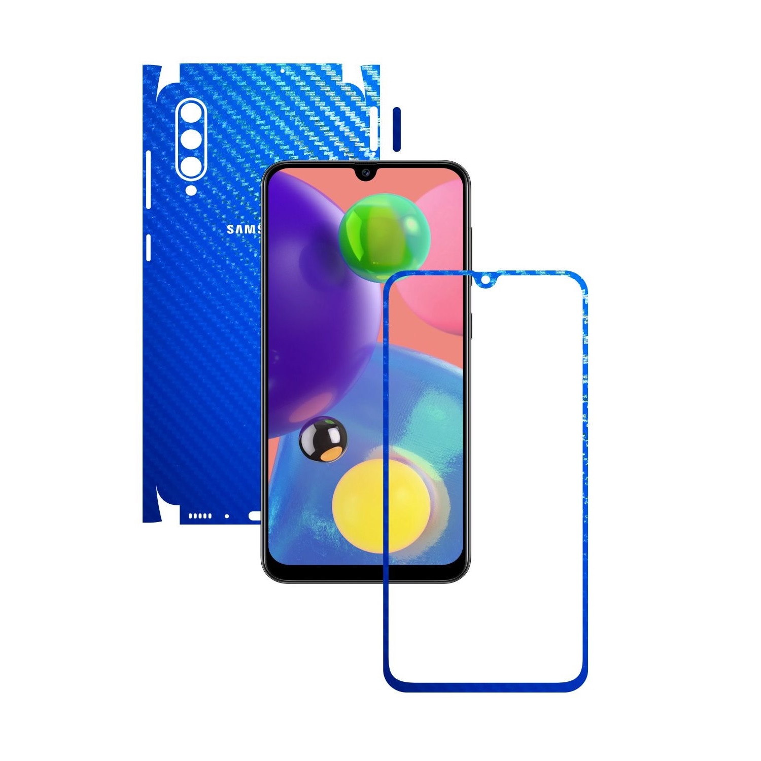 Folie Protectie Carbon Skinz pentru Samsung Galaxy A70s - Carbon Albastru 360 Cut, Skin Adeziv Full Body Cover pentru Rama Ecran, Carcasa Spate si Laterale