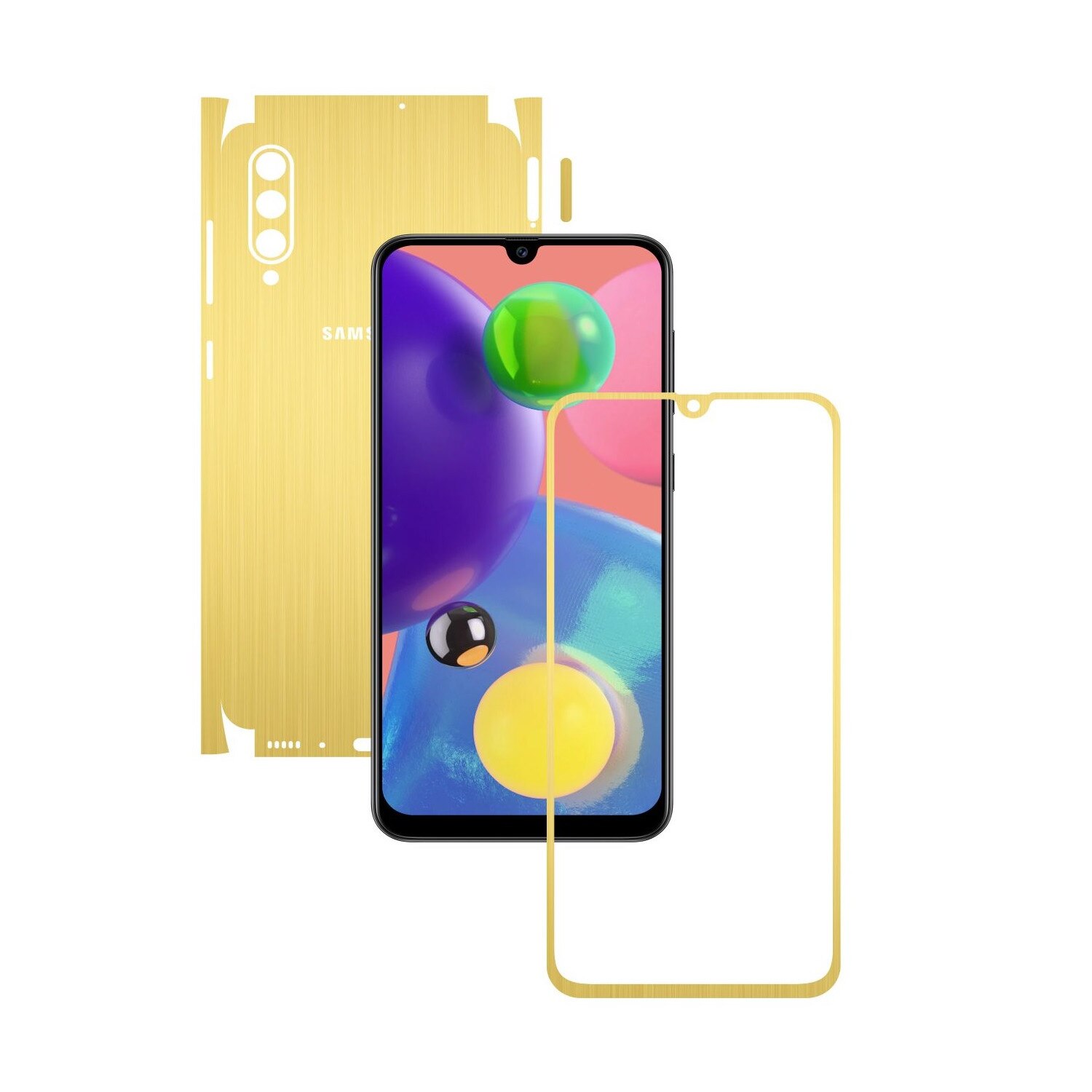 Folie Protectie Carbon Skinz pentru Samsung Galaxy A70s - Brushed Auriu 360 Cut, Skin Adeziv Full Body Cover pentru Rama Ecran, Carcasa Spate si Laterale