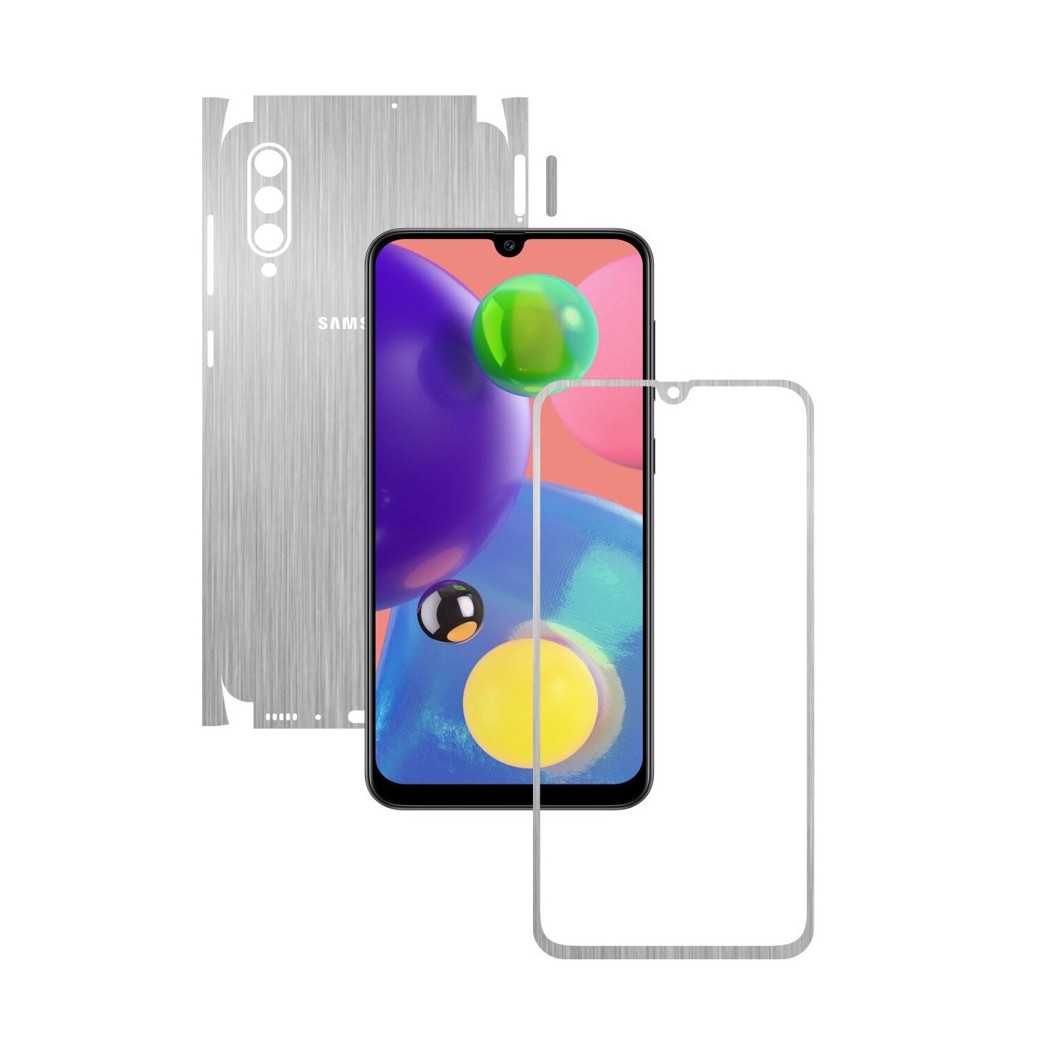 Folie Protectie Carbon Skinz pentru Samsung Galaxy A70s - Brushed Argintiu 360 Cut, Skin Adeziv Full Body Cover pentru Rama Ecran, Carcasa Spate si Laterale