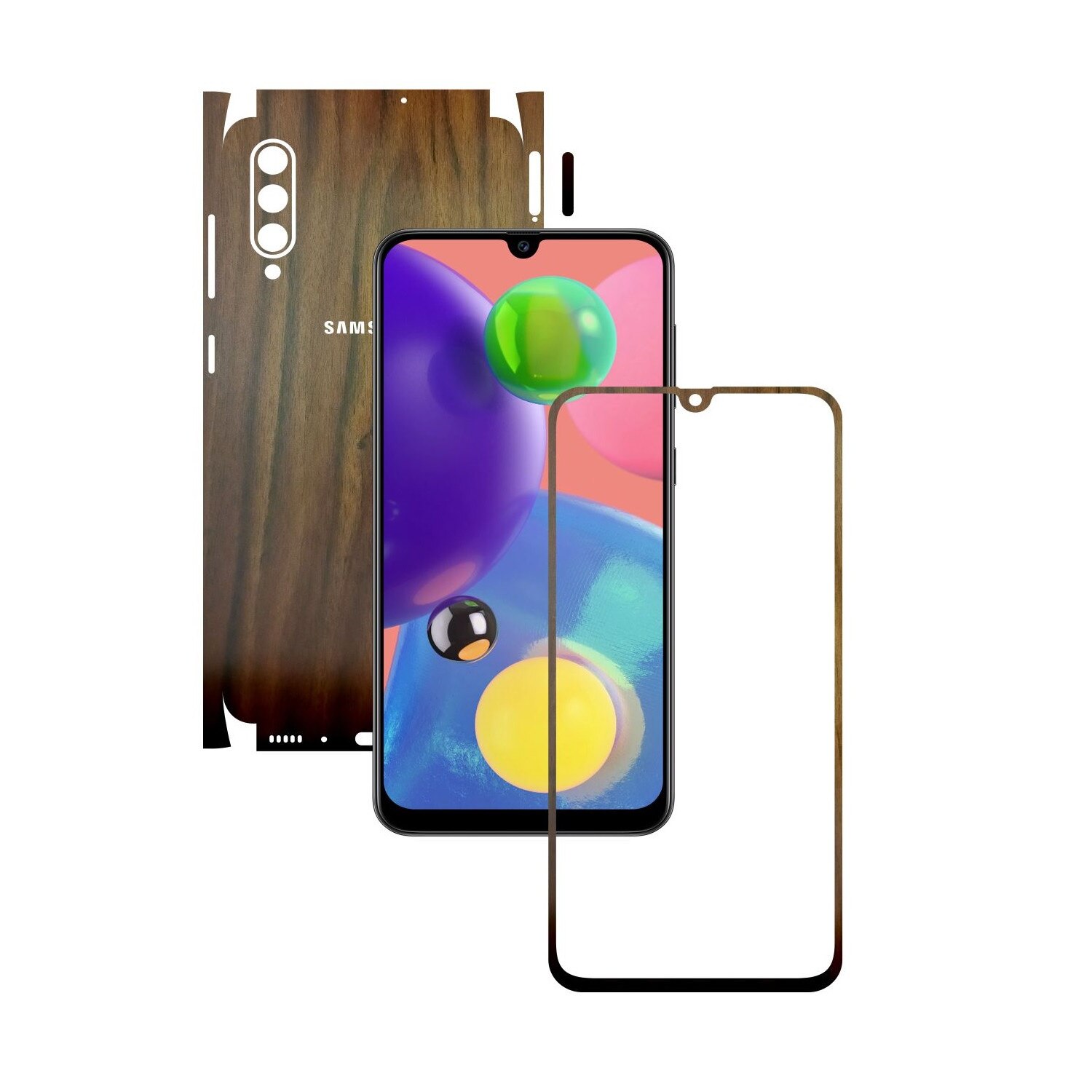 Folie Protectie Carbon Skinz pentru Samsung Galaxy A70s - Lemn Nuc 360 Cut, Skin Adeziv Full Body Cover pentru Rama Ecran, Carcasa Spate si Laterale