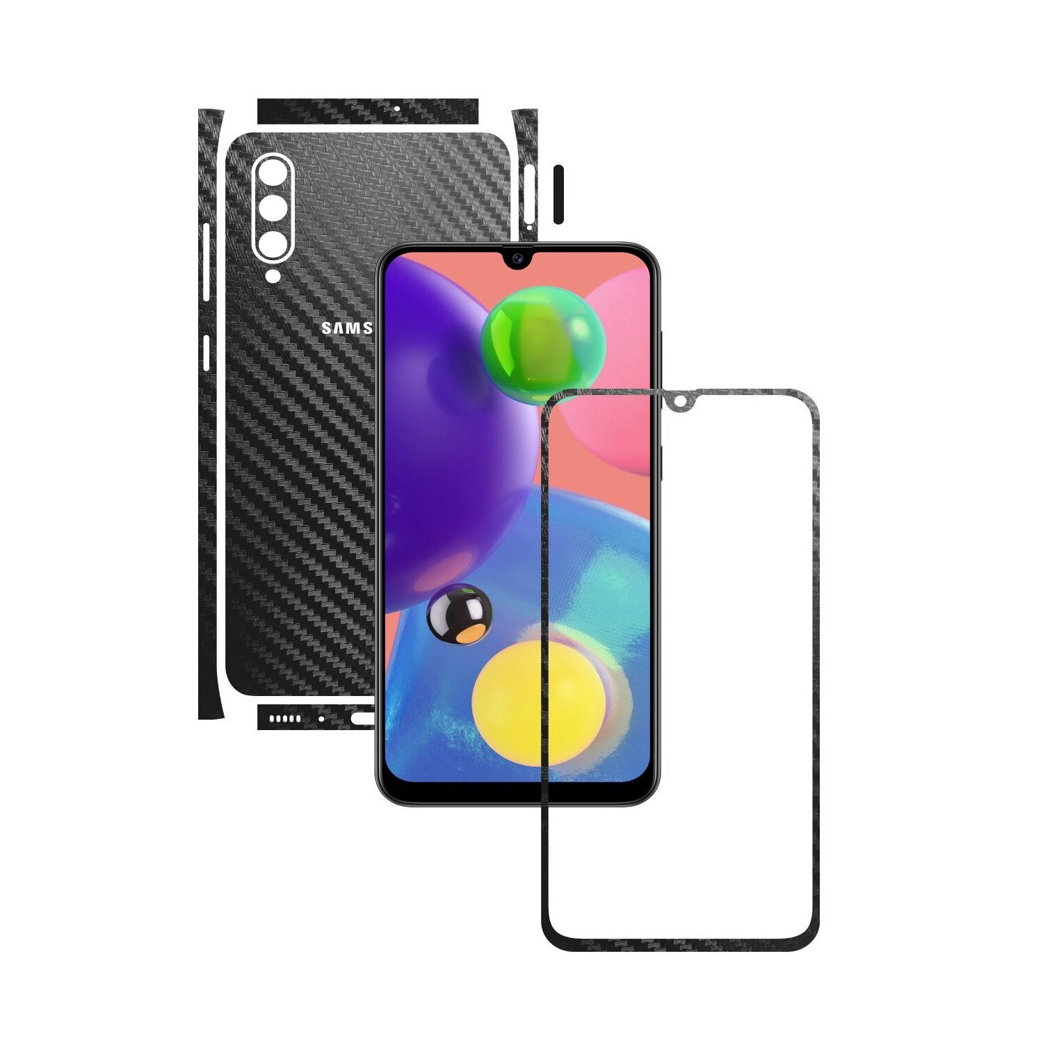 Folie Protectie Carbon Skinz pentru Samsung Galaxy A70s - Carbon Negru Split Cut, Skin Adeziv Full Body Cover pentru Rama Ecran, Carcasa Spate si Laterale