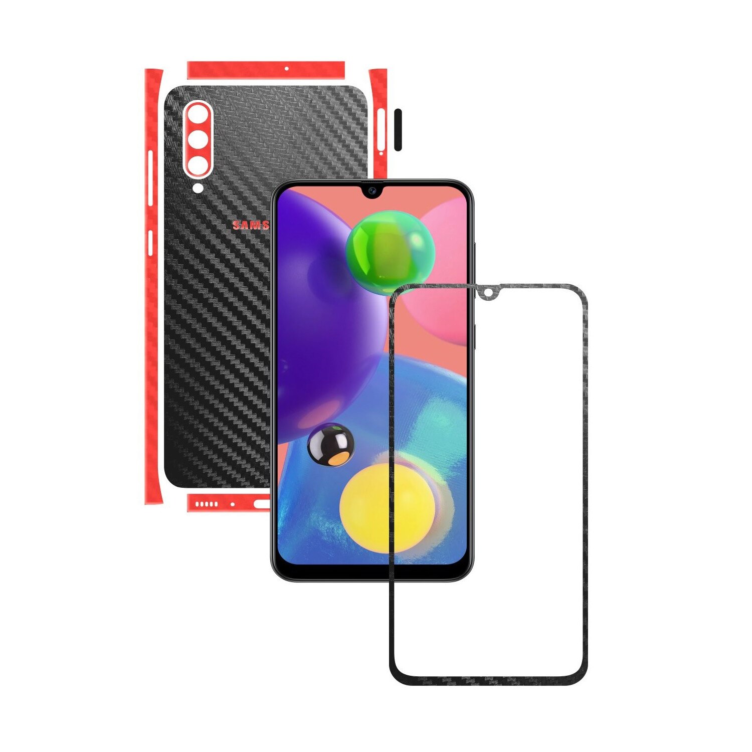 Folie Protectie Carbon Skinz pentru Samsung Galaxy A70s - Carbon Two Tone Negru / Rosu, Skin Adeziv Full Body Cover pentru Rama Ecran, Carcasa Spate si Laterale