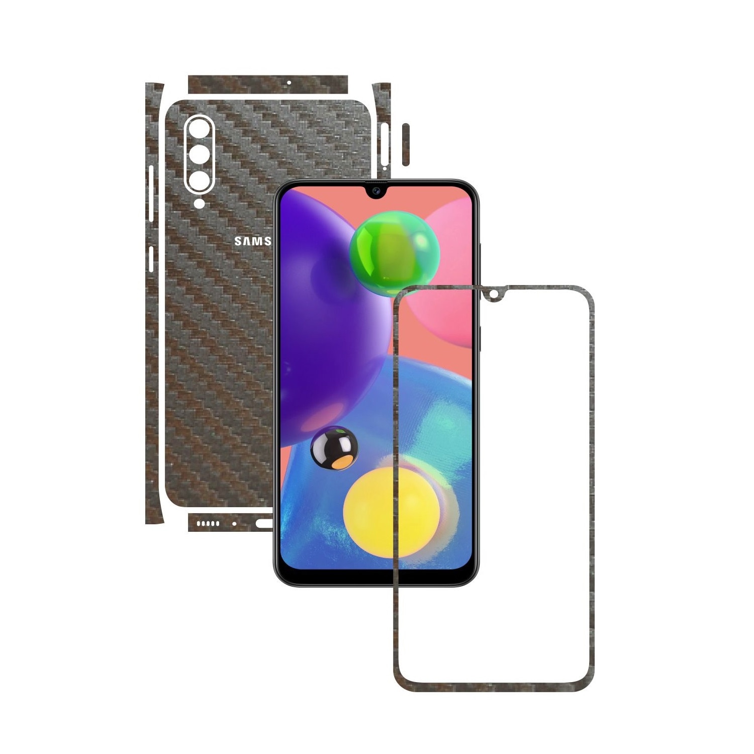 Folie Protectie Carbon Skinz pentru Samsung Galaxy A70s - Carbon Gri Argintiu Split Cut, Skin Adeziv Full Body Cover pentru Rama Ecran, Carcasa Spate si Laterale