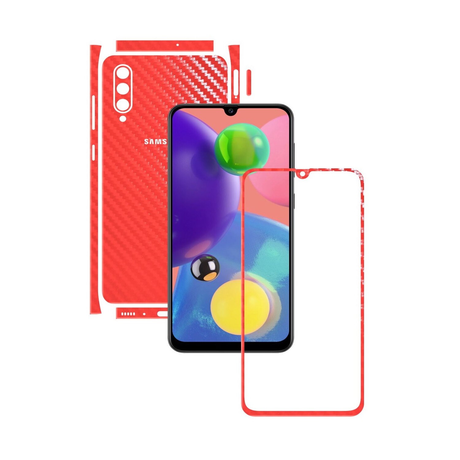 Folie Protectie Carbon Skinz pentru Samsung Galaxy A70s - Carbon Rosu Split Cut, Skin Adeziv Full Body Cover pentru Rama Ecran, Carcasa Spate si Laterale