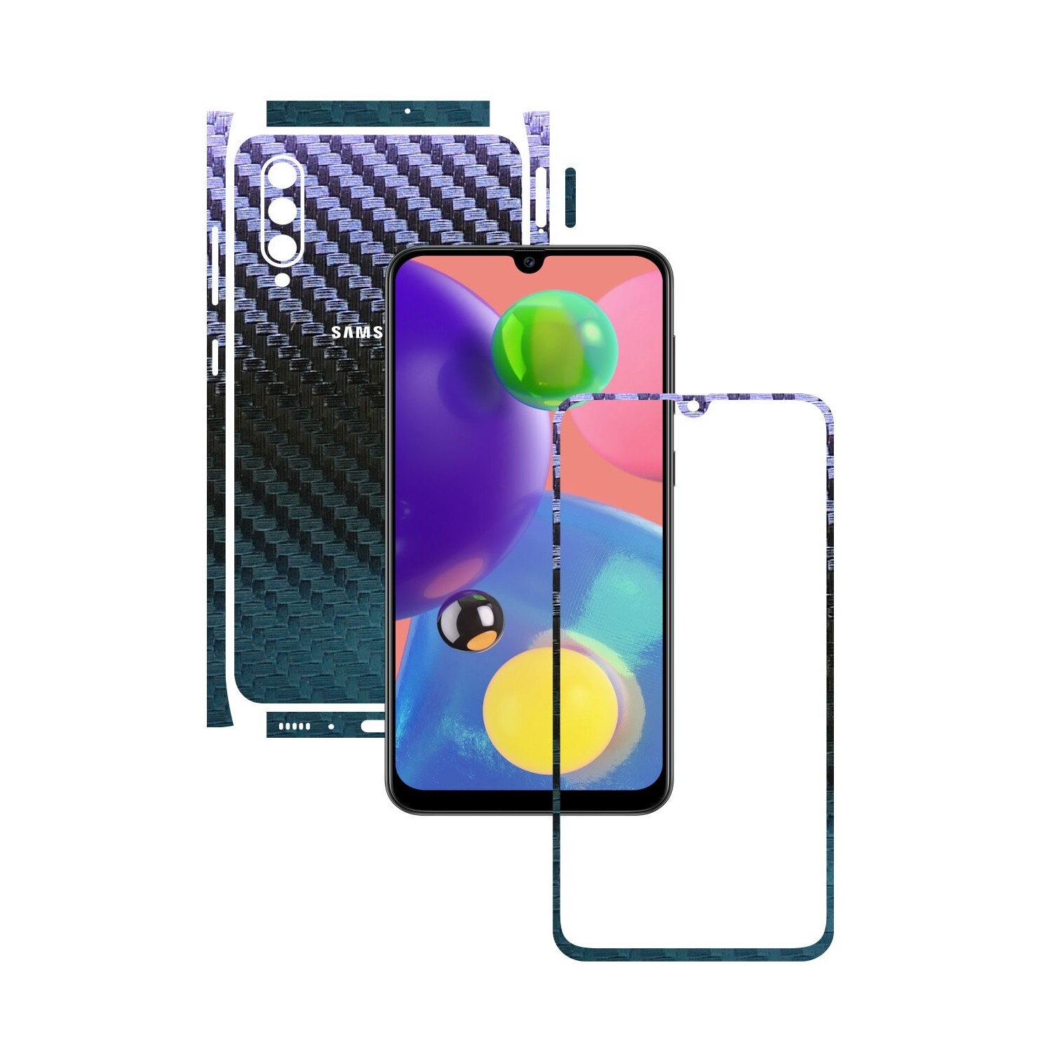Folie Protectie Carbon Skinz pentru Samsung Galaxy A70s - Carbon Cameleon Split Cut, Skin Adeziv Full Body Cover pentru Rama Ecran, Carcasa Spate si Laterale
