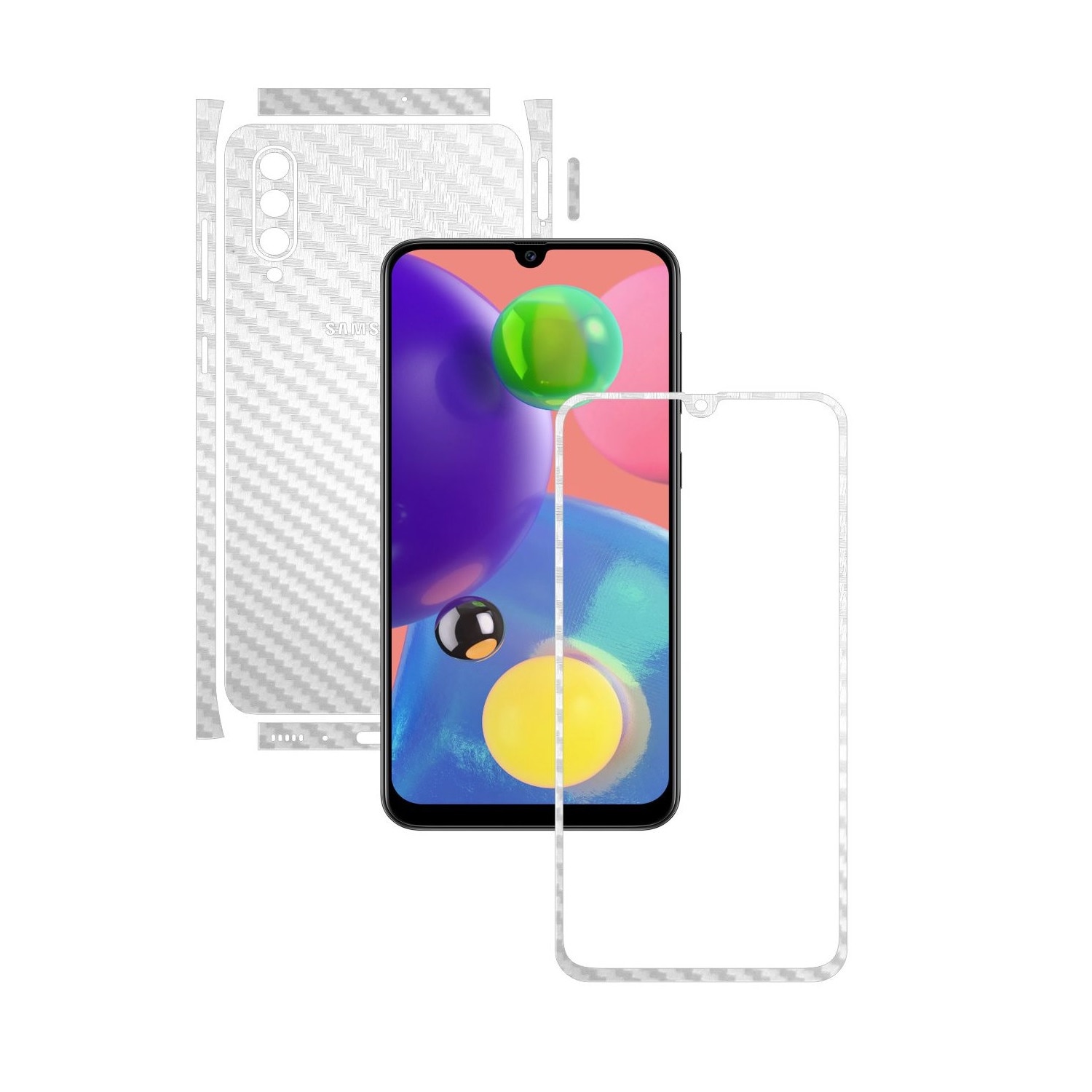 Folie Protectie Carbon Skinz pentru Samsung Galaxy A70s - Carbon Alb Split Cut, Skin Adeziv Full Body Cover pentru Rama Ecran, Carcasa Spate si Laterale