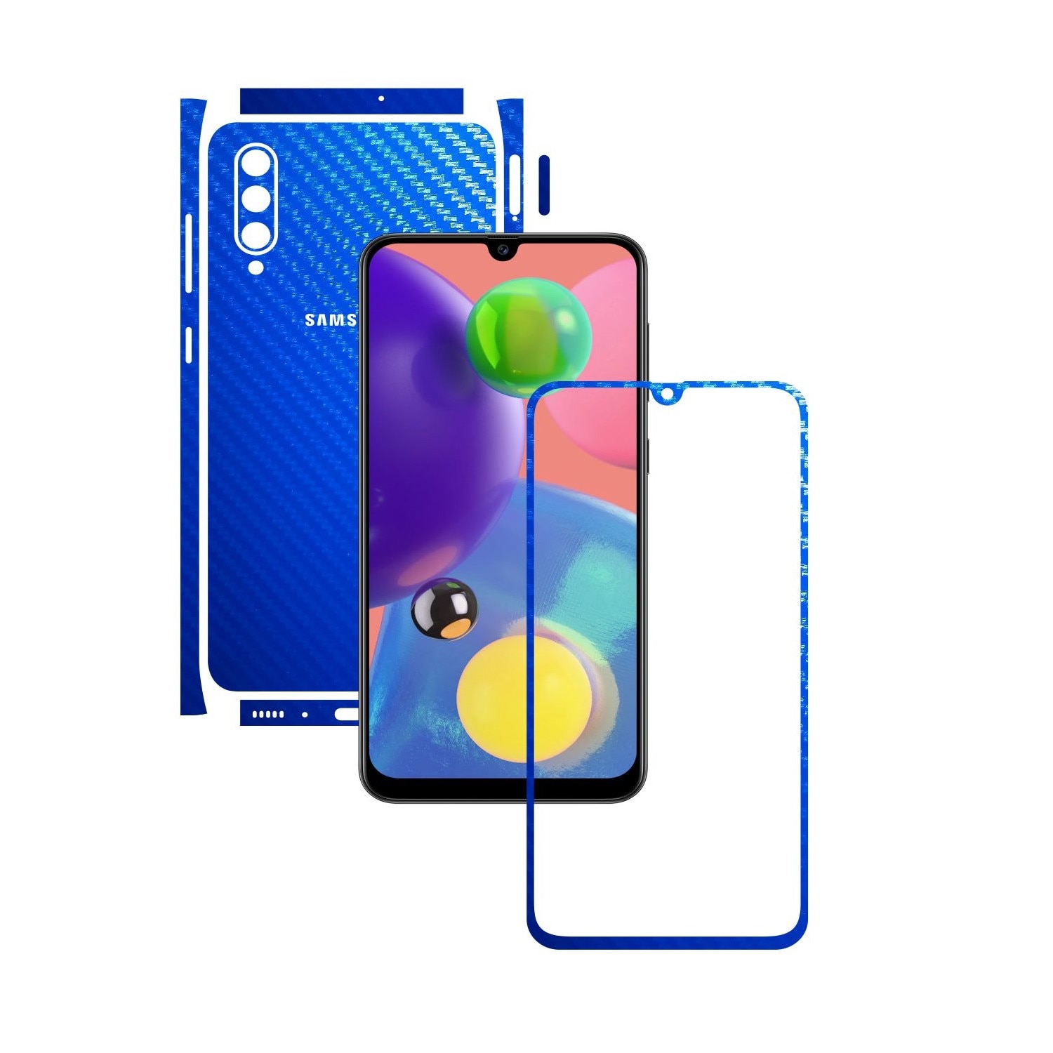 Folie Protectie Carbon Skinz pentru Samsung Galaxy A70s - Carbon Albastru Split Cut, Skin Adeziv Full Body Cover pentru Rama Ecran, Carcasa Spate si Laterale