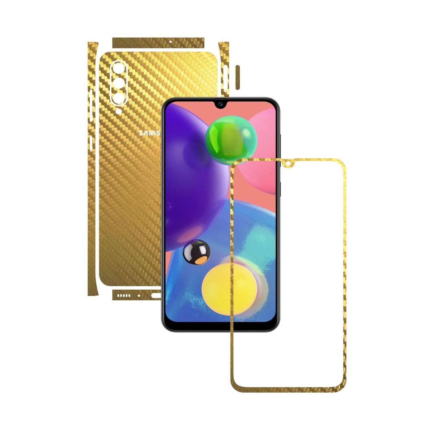Folie Protectie Carbon Skinz pentru Samsung Galaxy A70s - Carbon Auriu Split Cut, Skin Adeziv Full Body Cover pentru Rama Ecran, Carcasa Spate si Laterale
