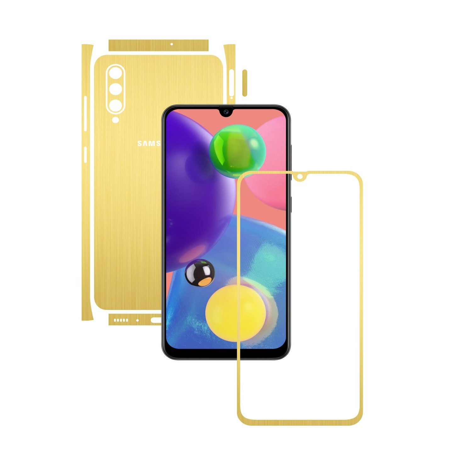 Folie Protectie Carbon Skinz pentru Samsung Galaxy A70s - Brushed Auriu Split Cut, Skin Adeziv Full Body Cover pentru Rama Ecran, Carcasa Spate si Laterale
