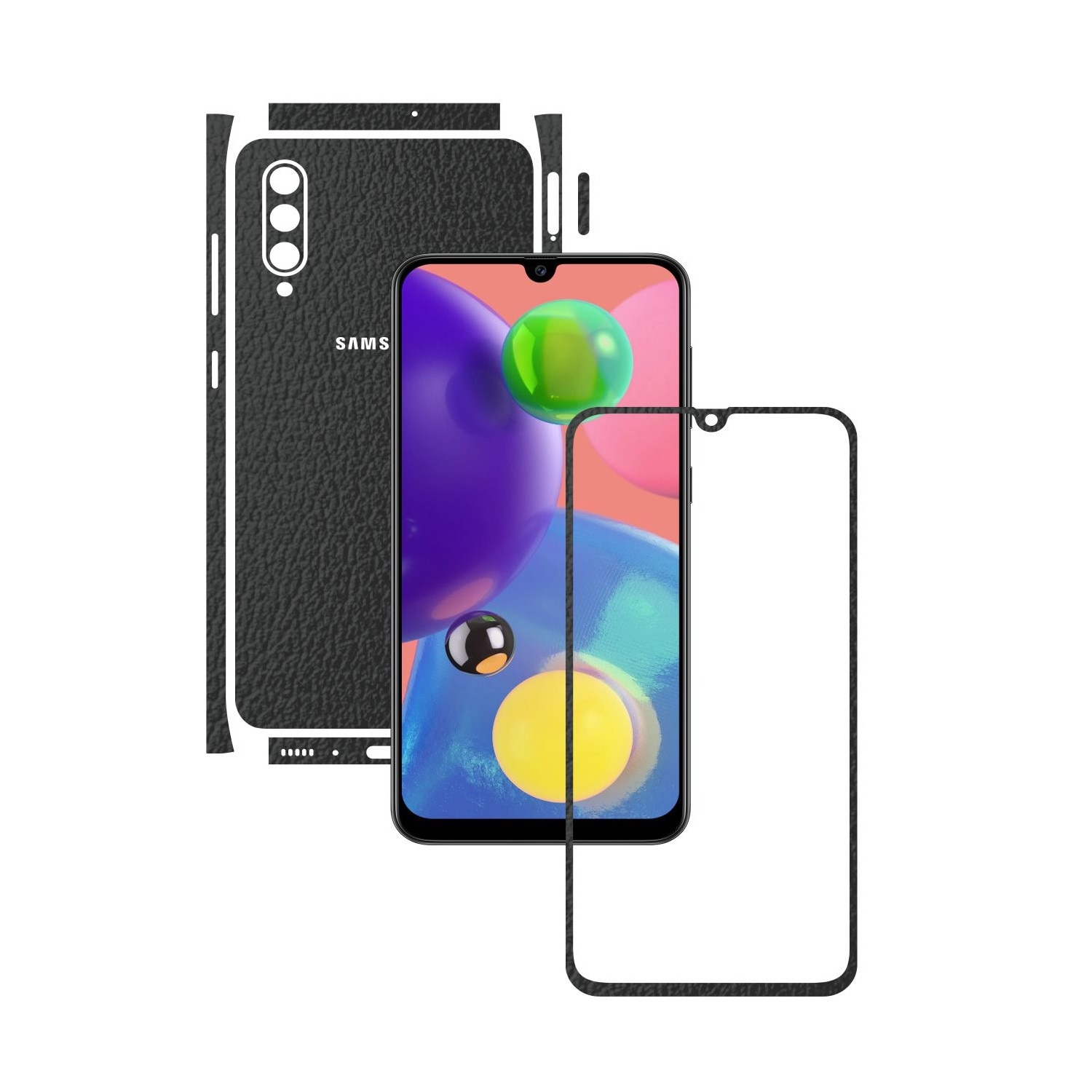 Folie Protectie Carbon Skinz pentru Samsung Galaxy A70s - Piele Neagra Split Cut, Skin Adeziv Full Body Cover pentru Rama Ecran, Carcasa Spate si Laterale
