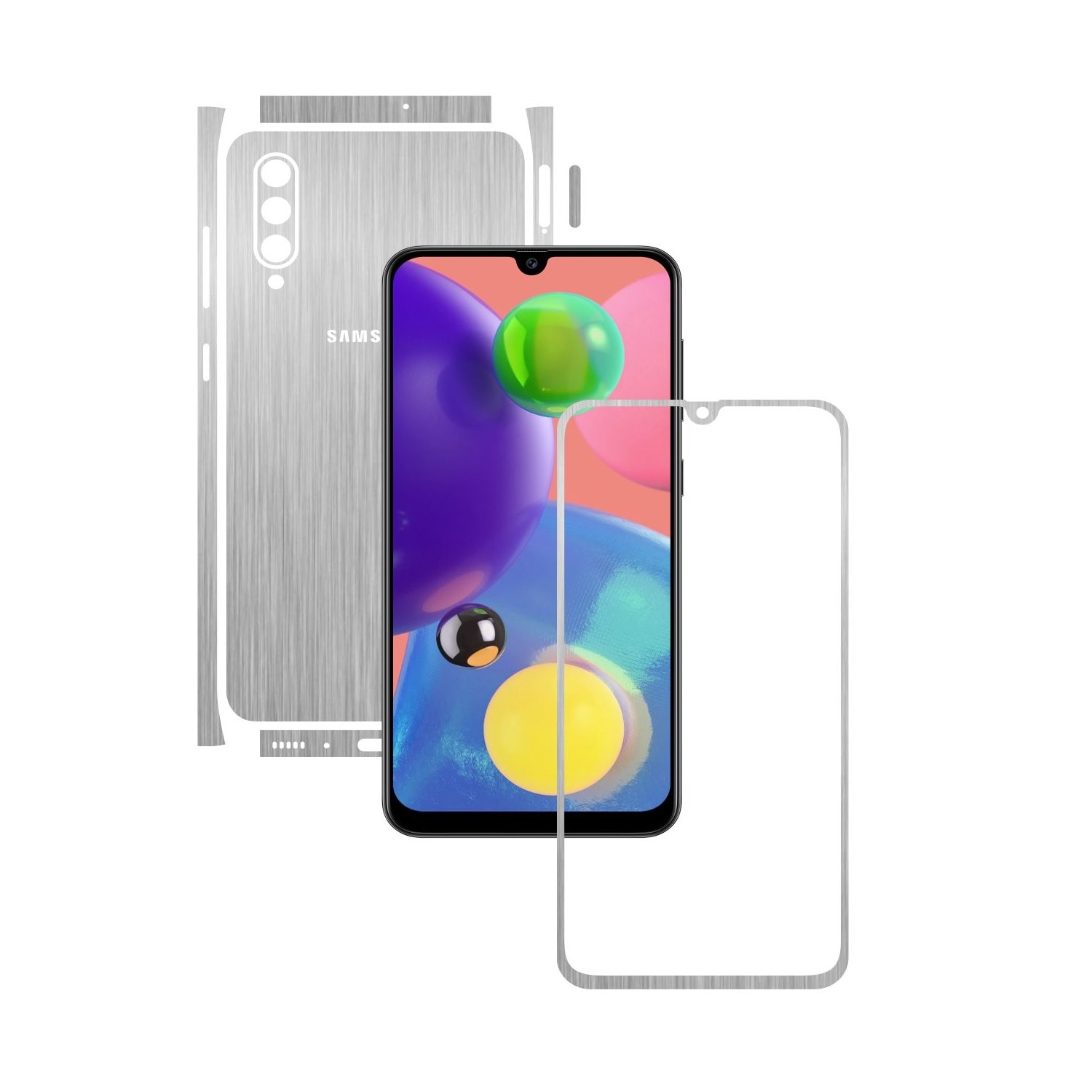 Folie Protectie Carbon Skinz pentru Samsung Galaxy A70s - Brushed Argintiu Split Cut, Skin Adeziv Full Body Cover pentru Rama Ecran, Carcasa Spate si Laterale
