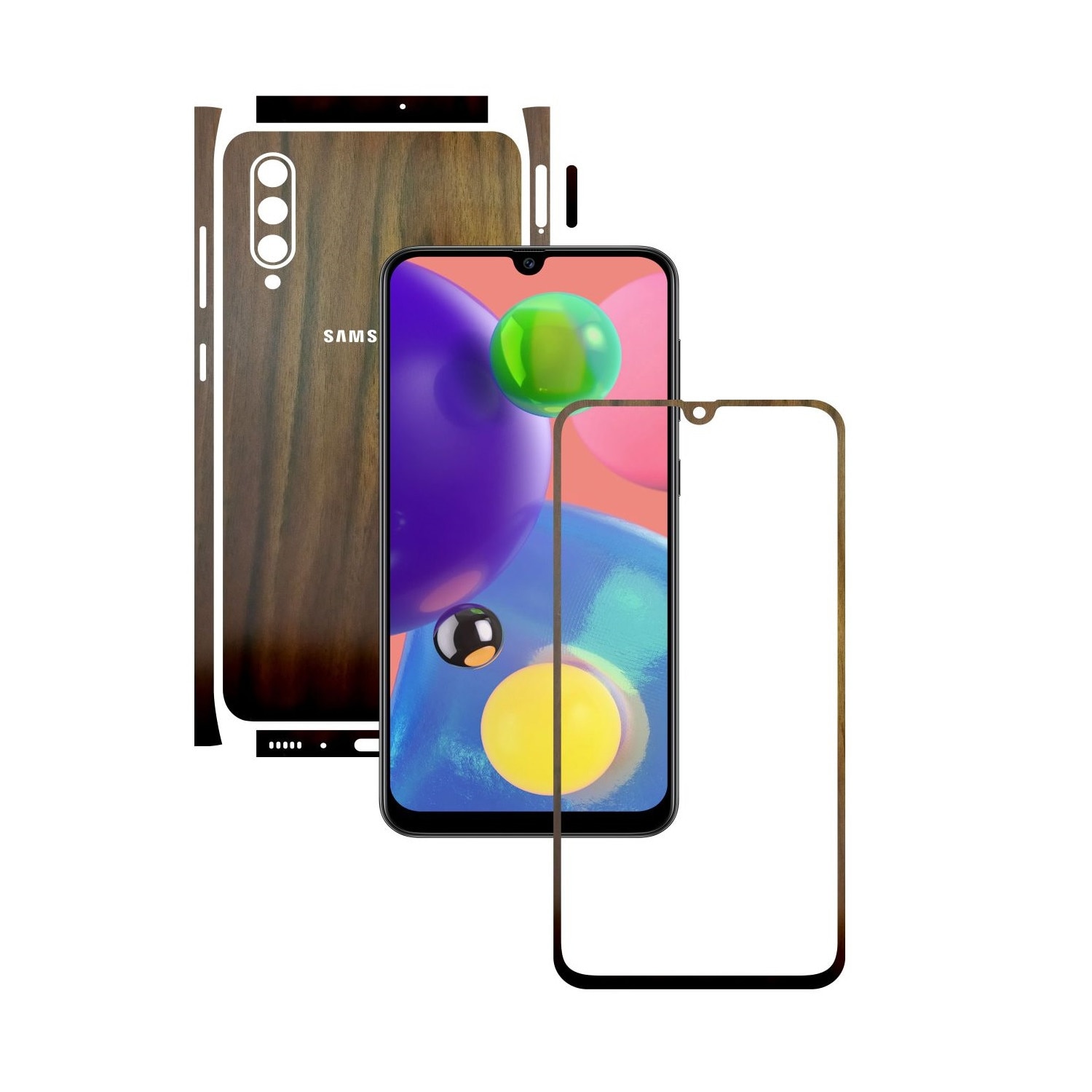 Folie Protectie Carbon Skinz pentru Samsung Galaxy A70s - Lemn Nuc Split Cut, Skin Adeziv Full Body Cover pentru Rama Ecran, Carcasa Spate si Laterale