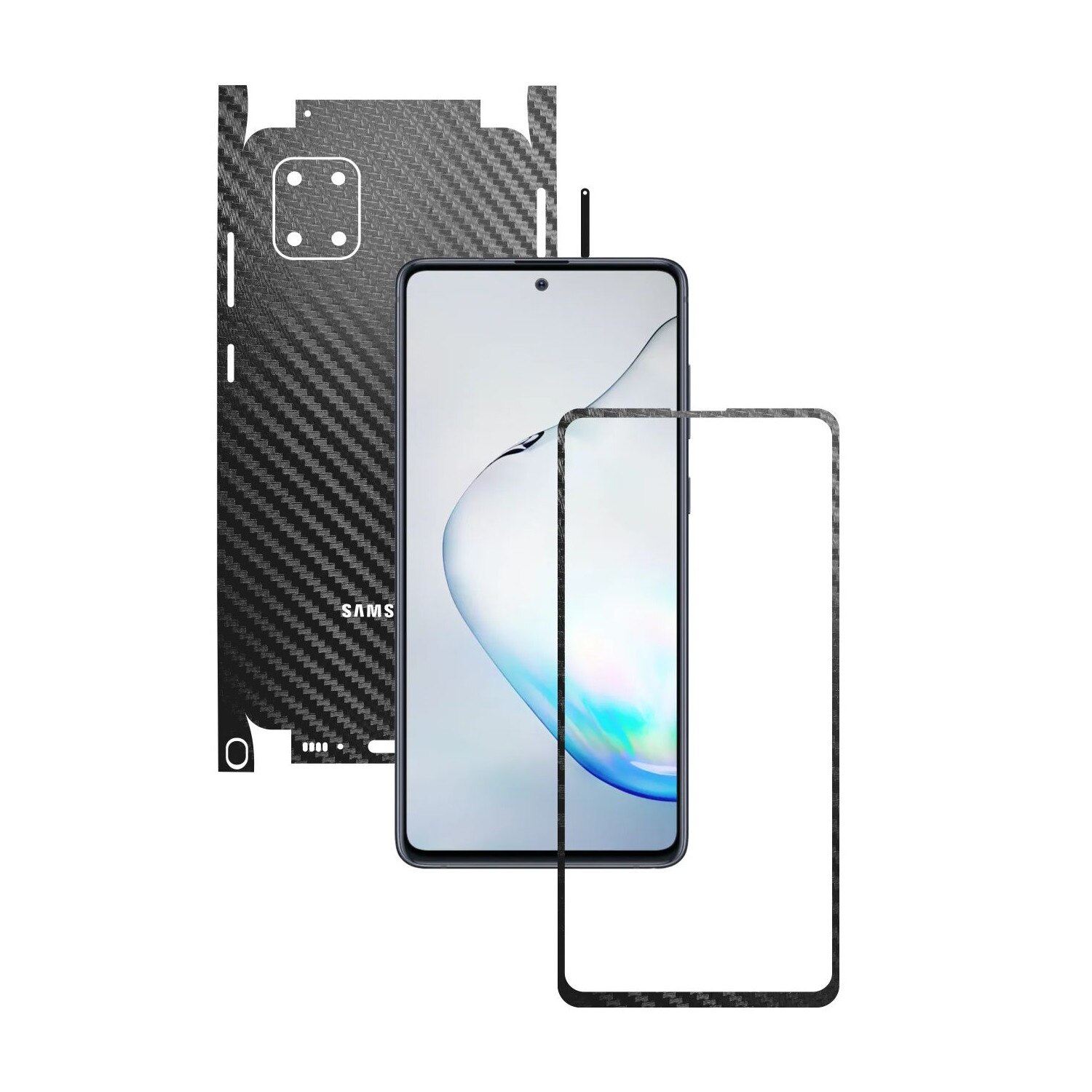 Folie Protectie Carbon Skinz pentru Samsung Galaxy Note10 Lite - Carbon Negru 360 Cut, Skin Adeziv Full Body Cover pentru Rama Ecran, Carcasa Spate si Laterale