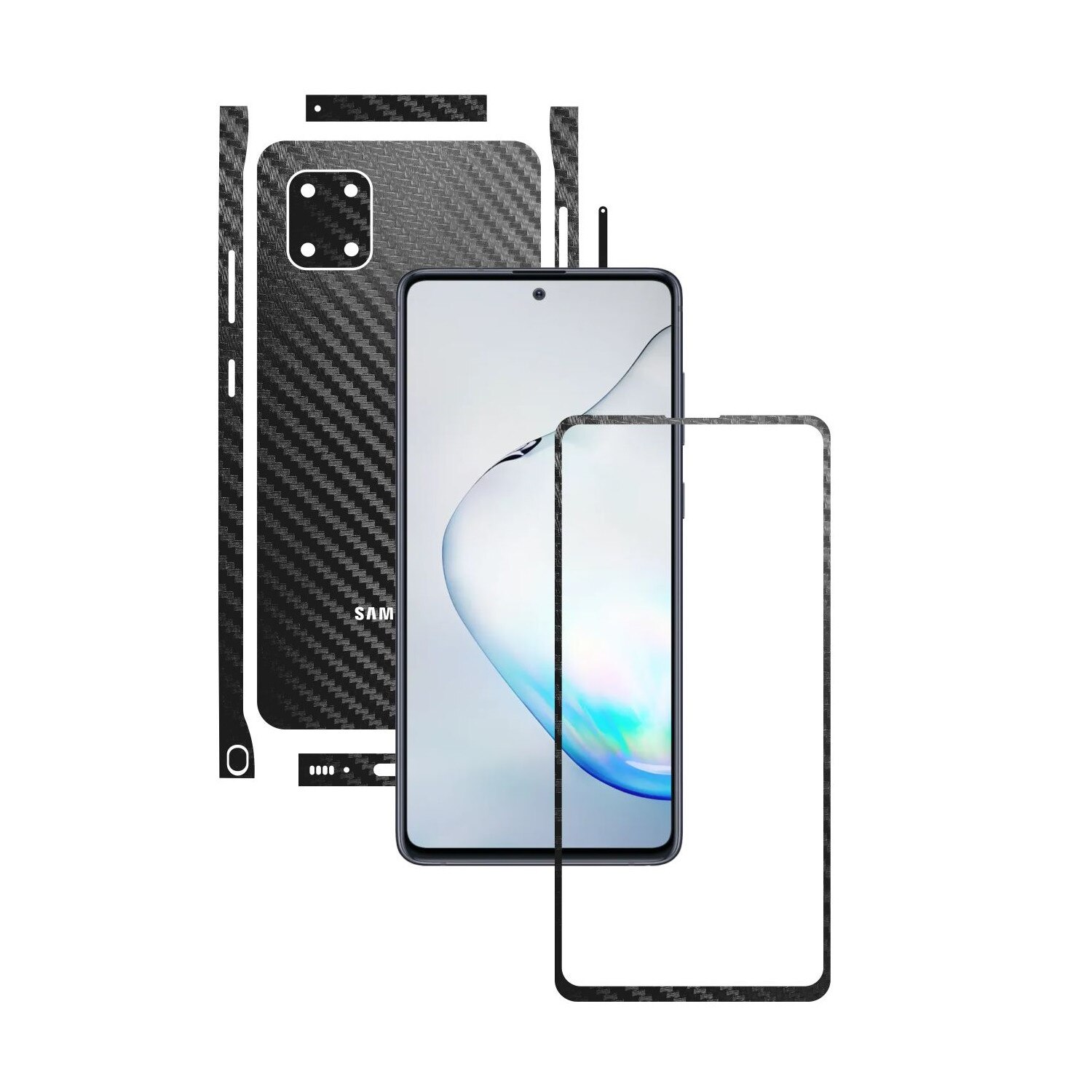Folie Protectie Carbon Skinz pentru Samsung Galaxy Note10 Lite - Carbon Negru Split Cut, Skin Adeziv Full Body Cover pentru Rama Ecran, Carcasa Spate si Laterale