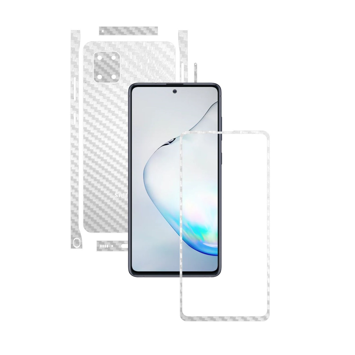 Folie Protectie Carbon Skinz pentru Samsung Galaxy Note10 Lite - Carbon Alb Split Cut, Skin Adeziv Full Body Cover pentru Rama Ecran, Carcasa Spate si Laterale