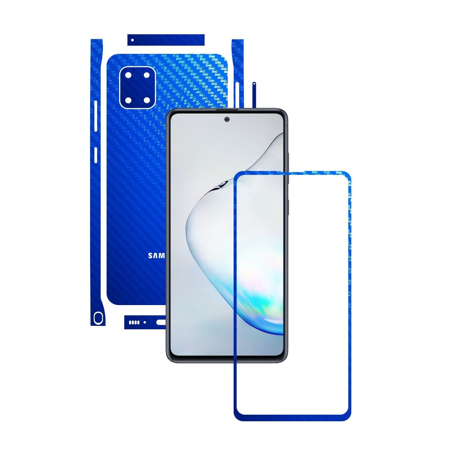 Folie Protectie Carbon Skinz pentru Samsung Galaxy Note10 Lite - Carbon Albastru Split Cut, Skin Adeziv Full Body Cover pentru Rama Ecran, Carcasa Spate si Laterale