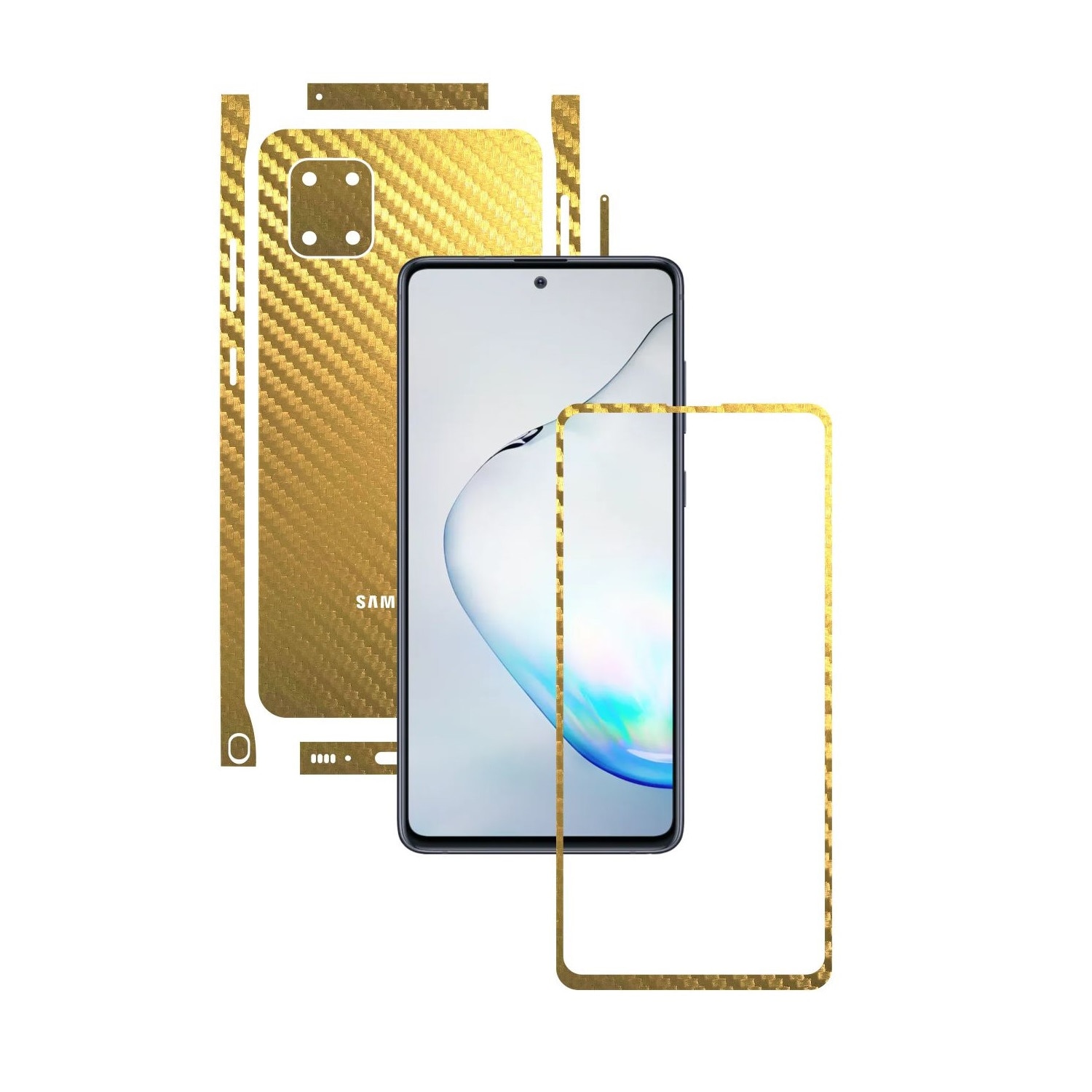 Folie Protectie Carbon Skinz pentru Samsung Galaxy Note10 Lite - Carbon Auriu Split Cut, Skin Adeziv Full Body Cover pentru Rama Ecran, Carcasa Spate si Laterale