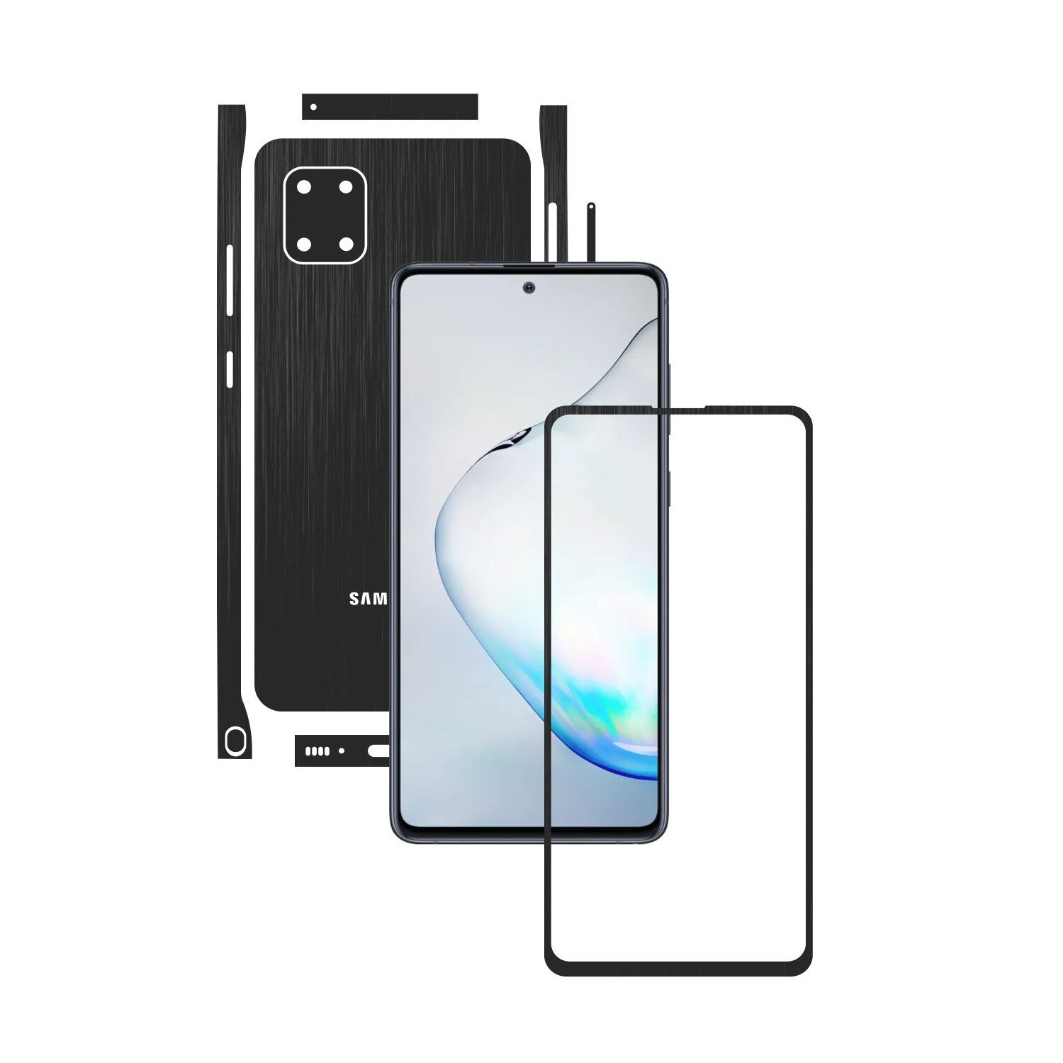 Folie Protectie Carbon Skinz pentru Samsung Galaxy Note10 Lite - Brushed Negru Split Cut, Skin Adeziv Full Body Cover pentru Rama Ecran, Carcasa Spate si Laterale