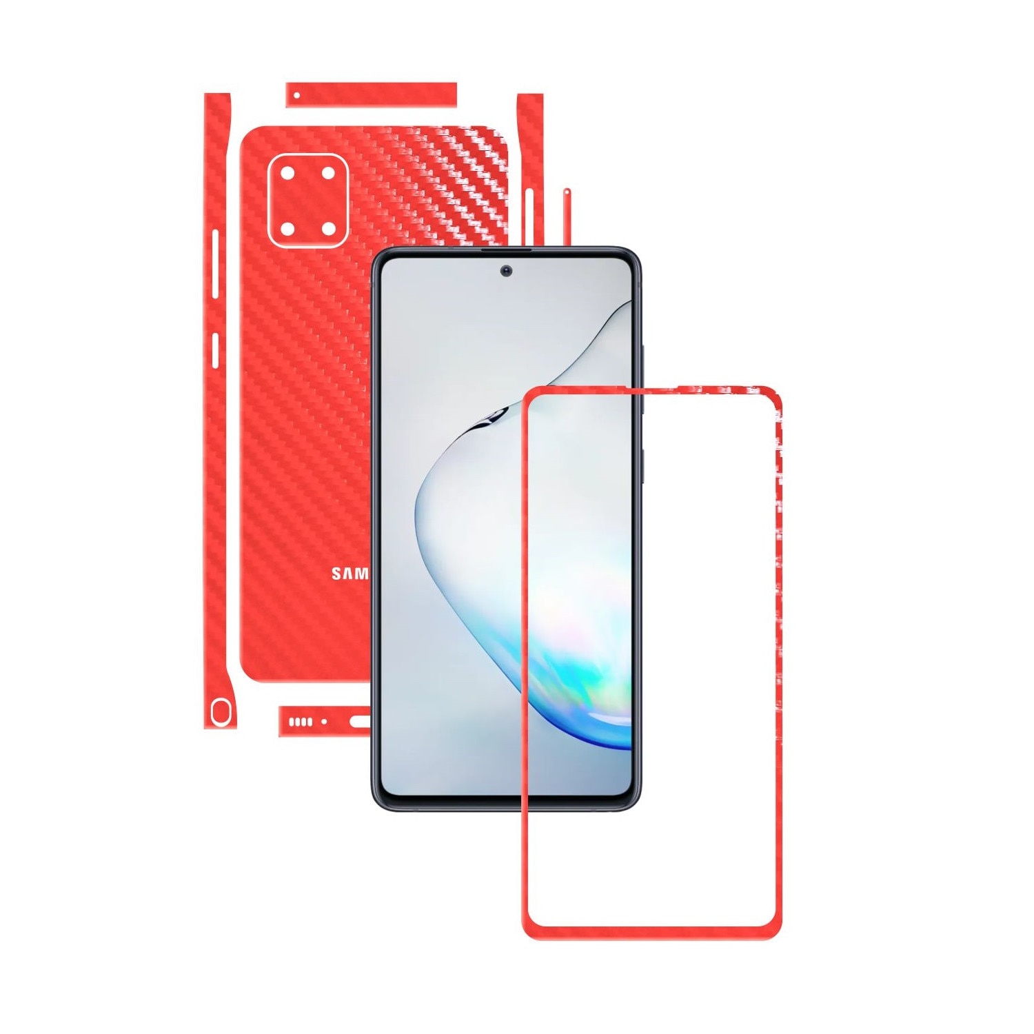 Folie Protectie Carbon Skinz pentru Samsung Galaxy Note10 Lite - Carbon Rosu Split Cut, Skin Adeziv Full Body Cover pentru Rama Ecran, Carcasa Spate si Laterale
