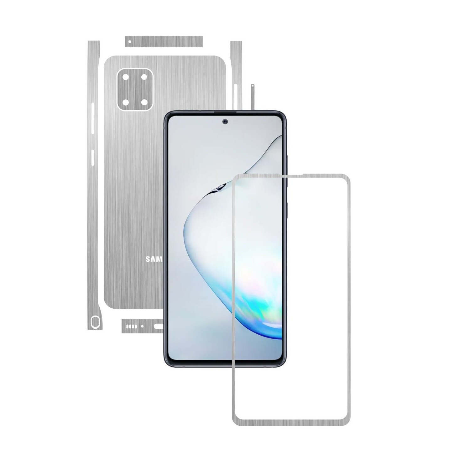 Folie Protectie Carbon Skinz pentru Samsung Galaxy Note10 Lite - Brushed Argintiu Split Cut, Skin Adeziv Full Body Cover pentru Rama Ecran, Carcasa Spate si Laterale