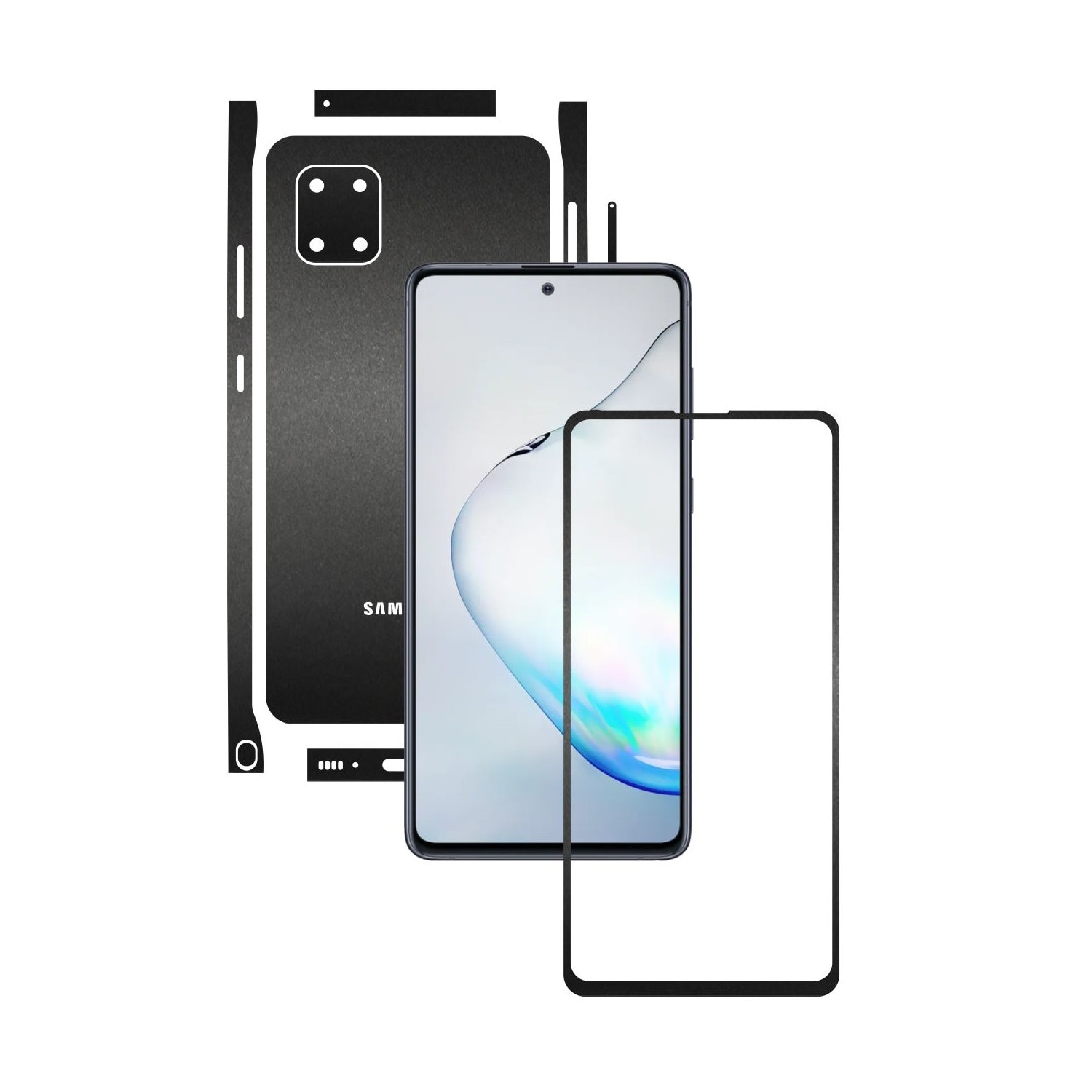 Folie Protectie Carbon Skinz pentru Samsung Galaxy Note10 Lite - Negru Mat Split Cut, Skin Adeziv Full Body Cover pentru Rama Ecran, Carcasa Spate si Laterale